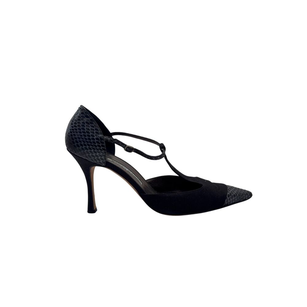 Manolo Blahnik Black Snakeskin T-Strap Pumps